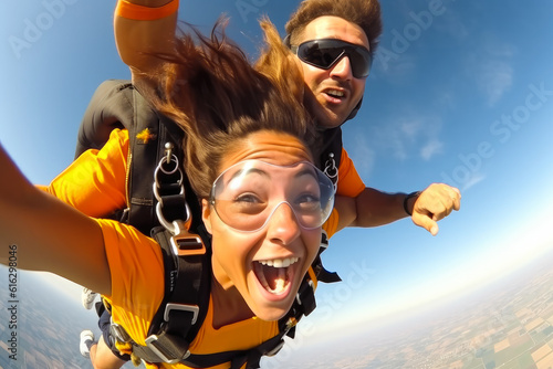Close up of excited happy woman skydiving with her instructor with beautiful blue sky in the background. Generative AI