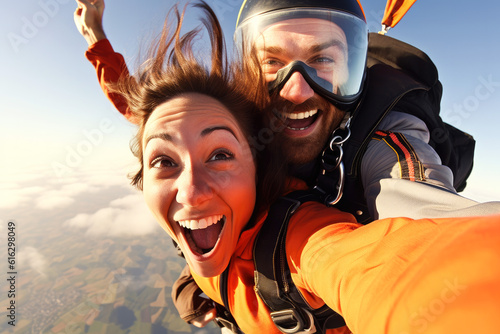 Close up of excited happy woman skydiving with her instructor with beautiful blue sky in the background. Generative AI photo