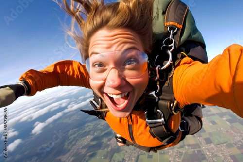 Close up of excited happy woman skydiving with beautiful blue sky in the background. Generative AI © MVProductions