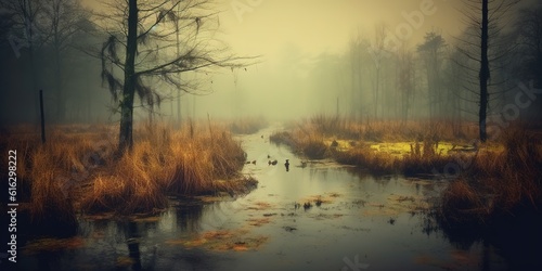 Creepy landscape showing misty dark swamp in autumn
