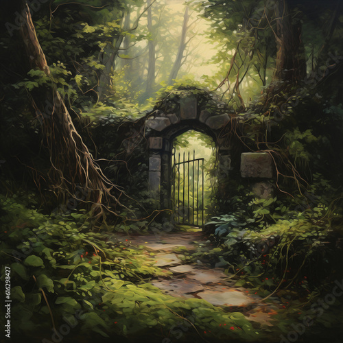 Mossy deep forest old garden gate