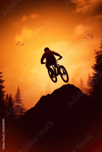 Silhouette of a mountain biker enjoying downhill during the sunset. Mountain bike concept. Mountain bike race - silhouette cyclist on background. © STORYTELLER