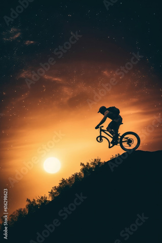 Silhouette of a mountain biker enjoying downhill during the sunset. Mountain bike concept. Mountain bike race - silhouette cyclist on background.