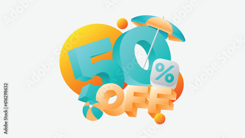 Summer discount, Summer sale, 50 off summer discount, 3d 50 off sale illustration, Summer colors, beach elements, holidays, 