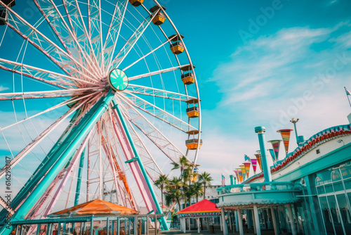 Ferris wheel ride in an amusement park on a sunny day, fairground rides on outdoor area, entertainment activity. Generative AI