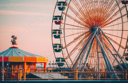 Ferris wheel ride in an amusement park on a sunny day, fairground rides on outdoor area, entertainment activity. Generative AI