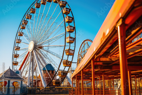 Ferris wheel ride in an amusement park on a sunny day, fairground rides on outdoor area, entertainment activity. Generative AI photo