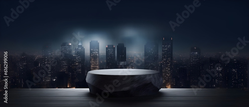 Empty stone pedestal, dark city background. Modern product display design. Luxury mockup template. Generative AI © Premium_art