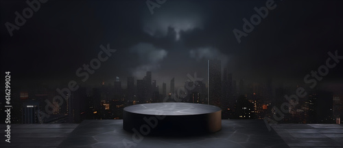 Empty stone pedestal, dark city background. Modern product display design. Luxury mockup template. Generative AI