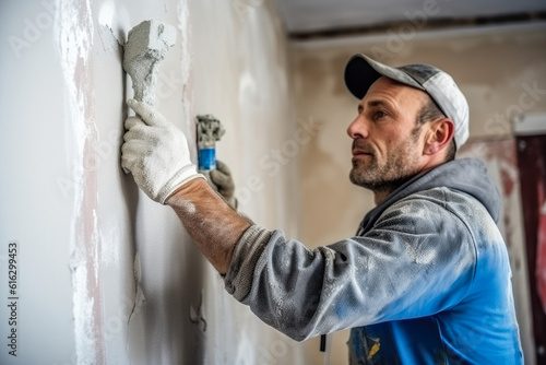 Man plastering drywall during a house renovation, indoor renovation. Generative AI