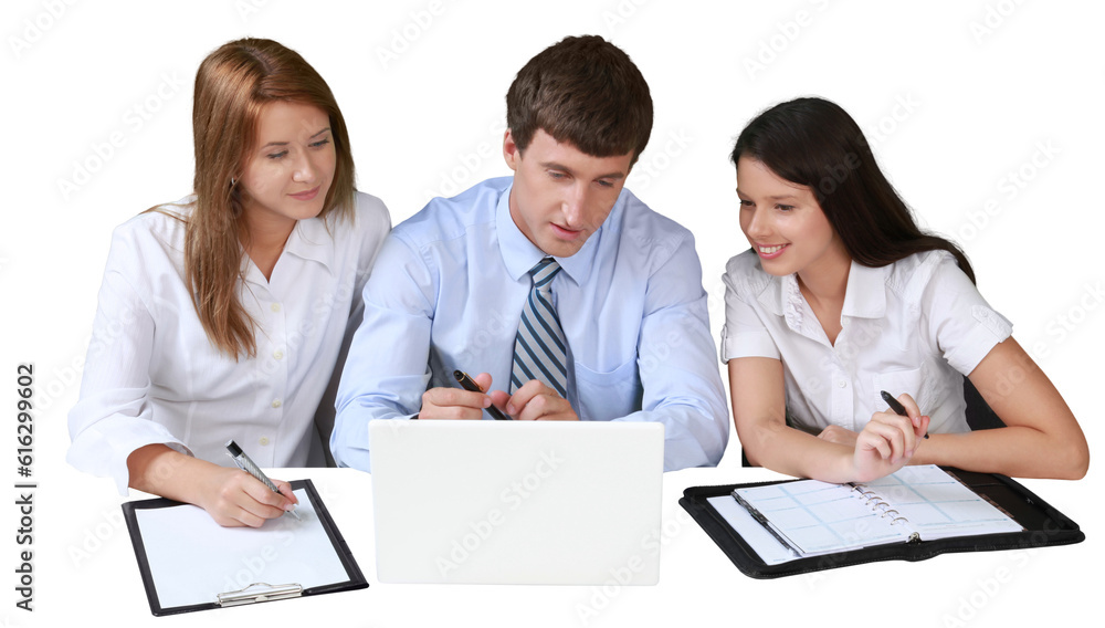 Business people making report with laptop isolated on white background Business people making report with laptop isolated on white background