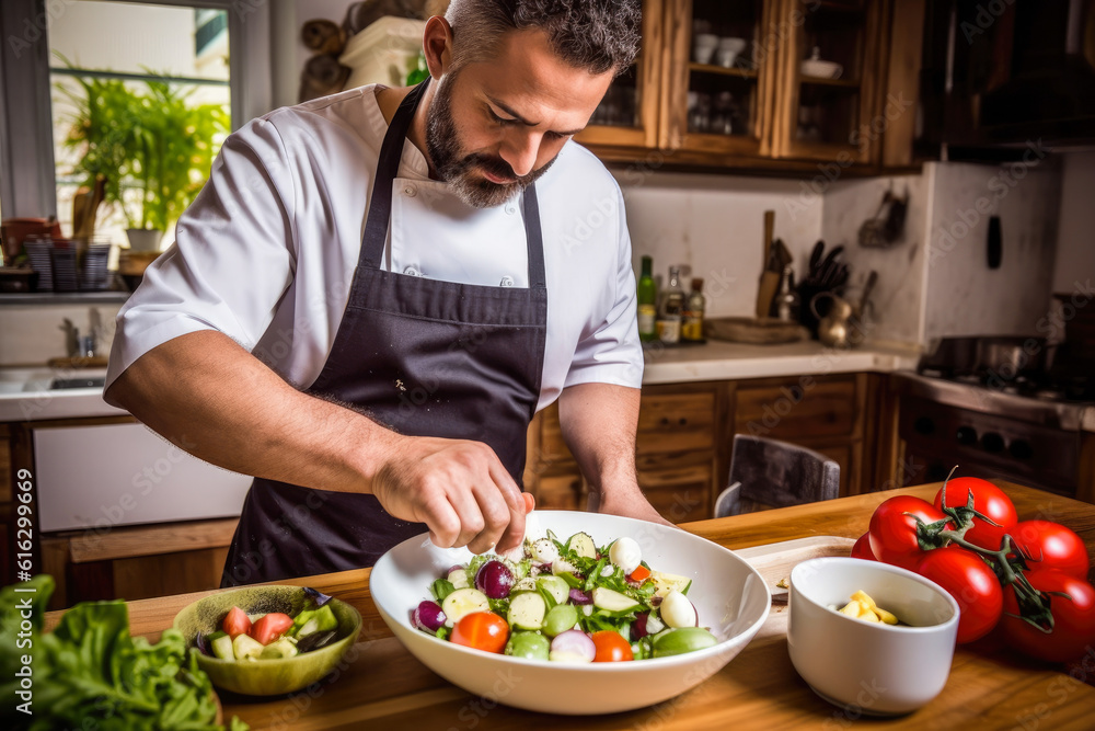 Greek chef preparing a greek salad with home kitchen in the background. Generative AI Greek chef preparing a greek salad with home kitchen in the background. Generative AI