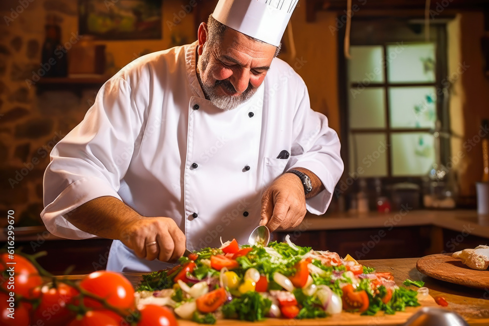 Greek chef preparing a greek salad with home kitchen in the background. Generative AI