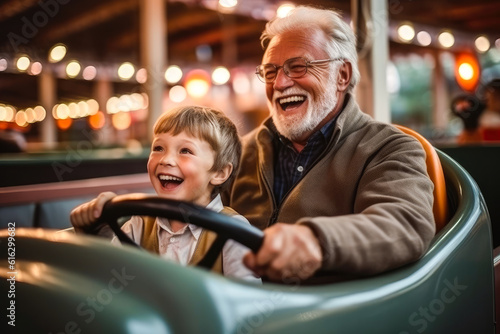 Grandfather and grandson smiling and having fun while driving in bumper car in amusement park. Generative AI