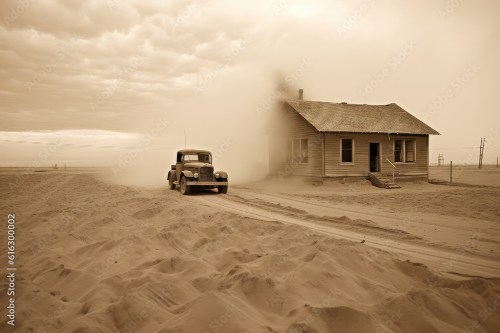 Car driving through dust bowl, severe dust storms, 1930s, Generative AI