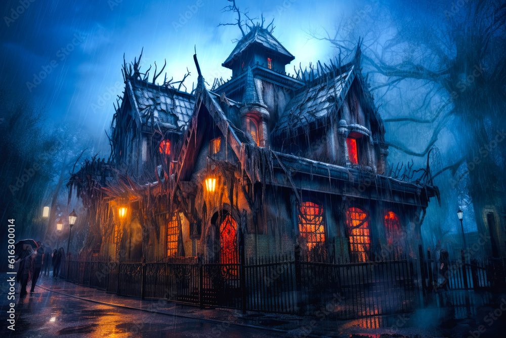 Hunted house ride in amusement park, ghost house in theme park, visitors getting scared. Generative AI