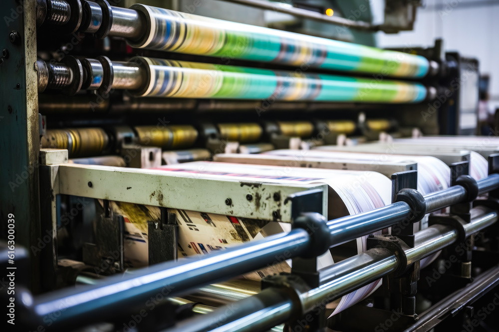 Machine printing newspaper, offset printing press, printing in progress. Generative AI Machine printing newspaper, offset printing press, printing in progress. Generative AI