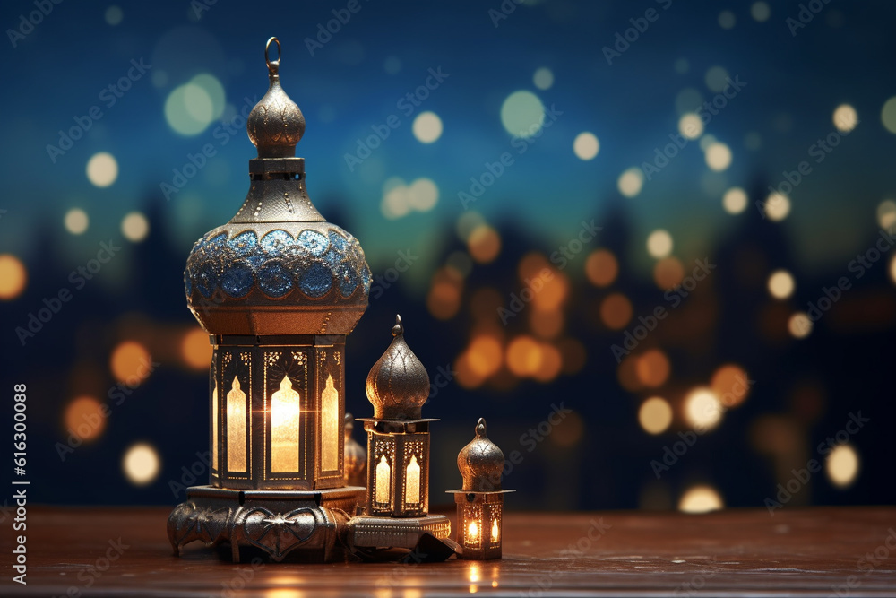 Photo of classic oil lantern islamic culture beautiful background AI generated