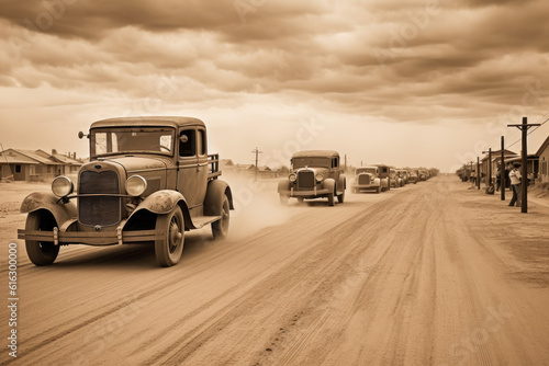 Car driving through dust bowl, severe dust storms, 1930s, Generative AI © MVProductions