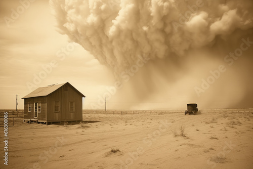 Car driving through dust bowl, severe dust storms, 1930s, Generative AI photo