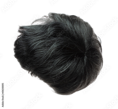 Short straight Wig hair style fly fall explosion. Silver gray man woman wig hair float in mid air. Middle age elderly wig hair wind blow cloud throw. White background isolated high speed freeze motion