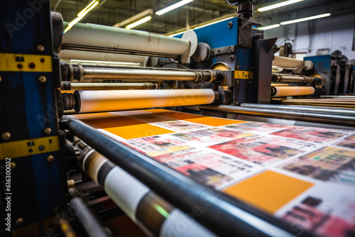 Machine printing newspaper, offset printing press, printing in progress. Generative AI