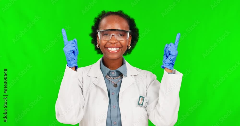 Black woman, scientist and pointing up on green screen for advertising against a studio background. Portrait of African female person in science with finger point for advertisement on mockup space Black woman, scientist and pointing up on green screen for advertising against a studio background. Portrait of African female person in science with finger point for advertisement on mockup space
