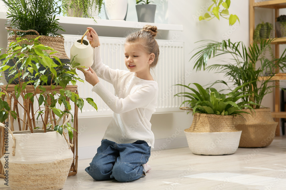 Cute little girl watering beautiful green plant at home. House decor Cute little girl watering beautiful green plant at home. House decor