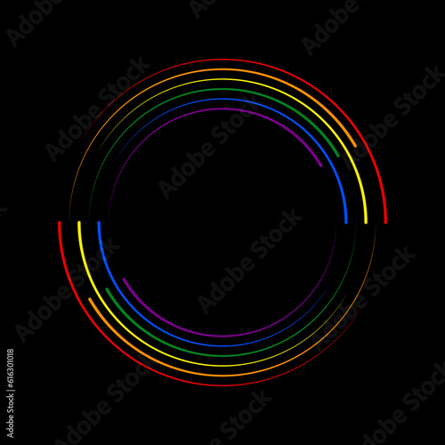 Rainbow speed rotated lines in round form. LGBTQ flag. Segmented circle. Geometric art. Trendy design element for border frame, round logo, tattoo, sign, symbol, badge, emblem, web, social media