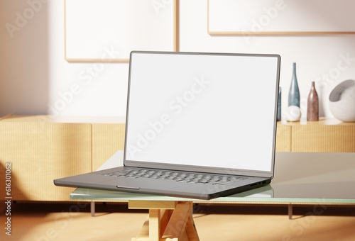 Wallpaper Mural Modern Laptop with blank screen on wooden table, Responsive web design and website mockup, laptop mockup, Realistic 3D Render. Torontodigital.ca