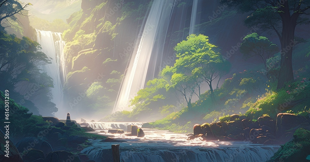 Obraz premium anime styled rainforest with waterfall