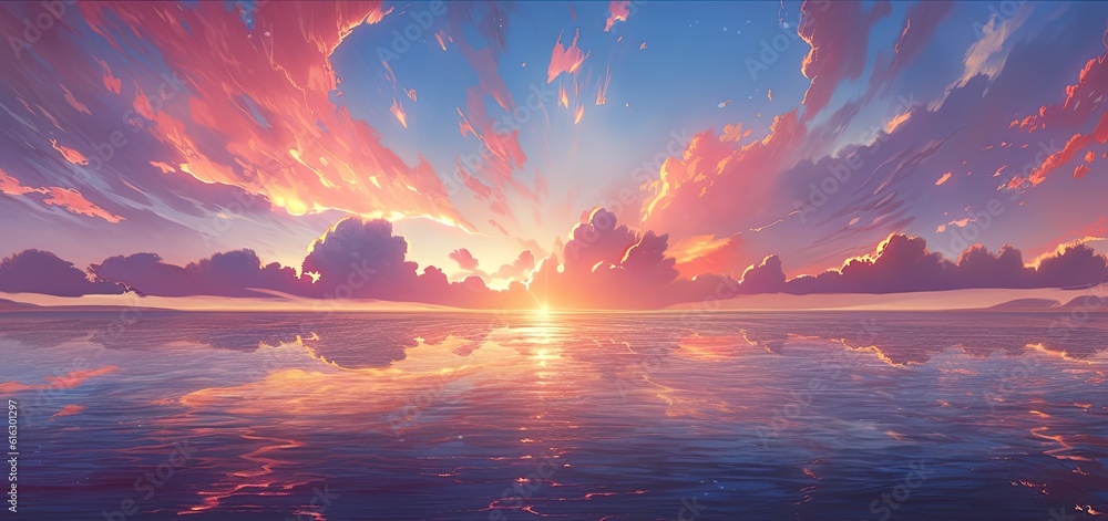 Obraz premium anime styled breathtaking sunset over a calm ocean, with hues of orange, pink, and purple painting the sky