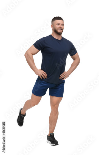 Man doing morning exercise on white background