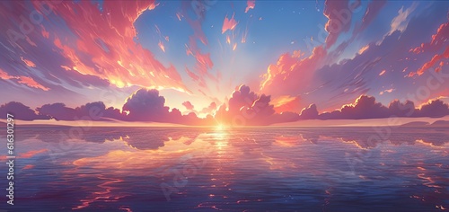 anime styled breathtaking sunset over a calm ocean, with hues of orange, pink, and purple painting the sky