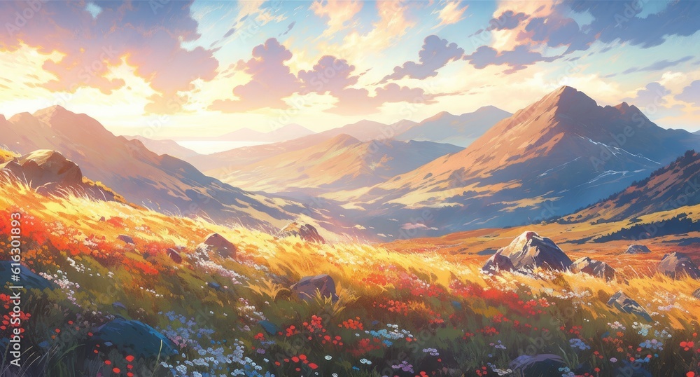 anime-styled mountain range at sunset landscape
