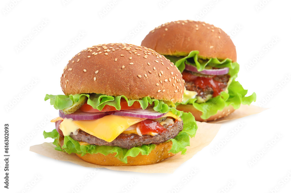Delicious burgers with beef patty and lettuce isolated on white Delicious burgers with beef patty and lettuce isolated on white
