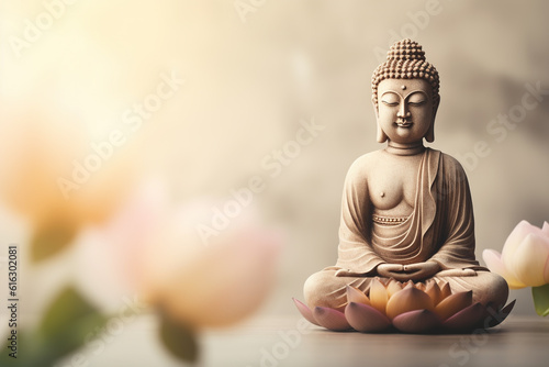 Buddha statue in meditation with lotus flower on light neutral background. Selective focus. Meditation  spiritual health  peace  searching zen concept