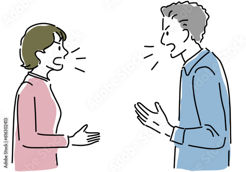 言い争う夫婦（カップル）のシンプル線画イラスト