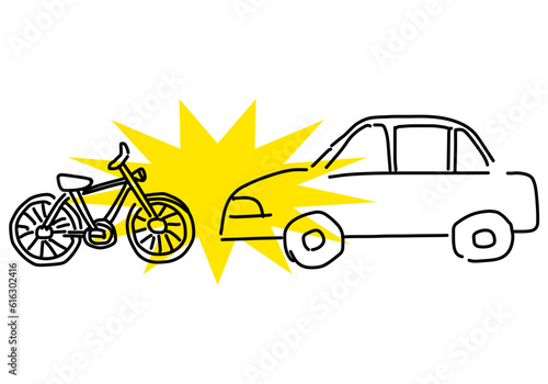 自動車と自転車の交通事故のかわいいシンプル線画イラスト