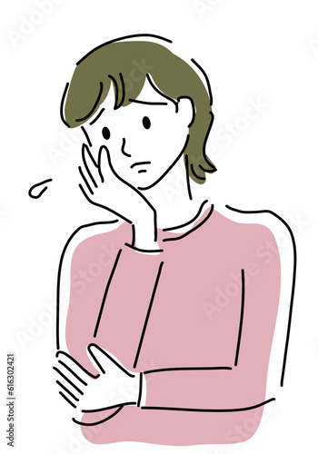 悩む女性のシンプル線画イラスト