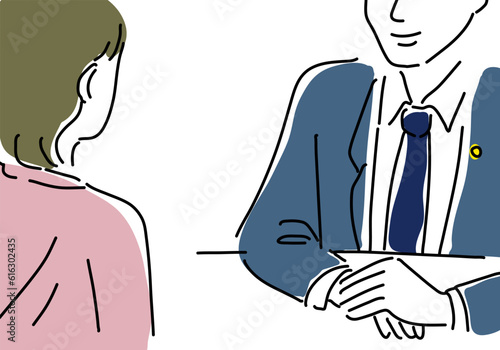 相談する女性と男性弁護士のシンプル線画イラスト