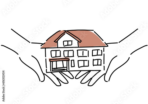 手のひらに乗せた住宅のシンプル線画イラスト