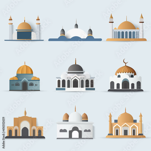 Collection of mosques with different architectural shapes. Vector artwork on white background