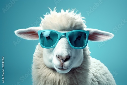 Funny cute sheep in sunglasses with happy emotion. AI generated, human enhanced