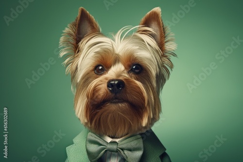 Anthropomorphic Yorkshire terrier dog dressed in a suit like a businessman. Business Concept. AI generated