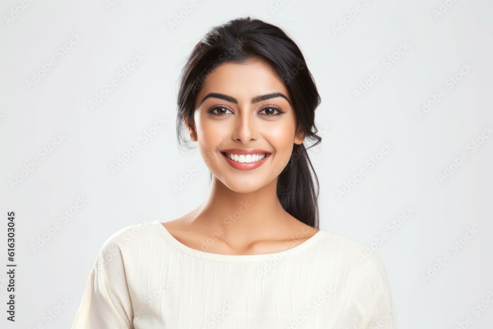 Beauty portrait of a pretty young Indian woman on light background with selective focus and copy space. AI generated
