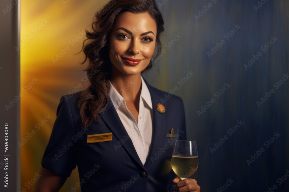 Stewardess with a glass of champagne. Background with selective focus. AI generated, human enhanced Stewardess with a glass of champagne. Background with selective focus. AI generated, human enhanced