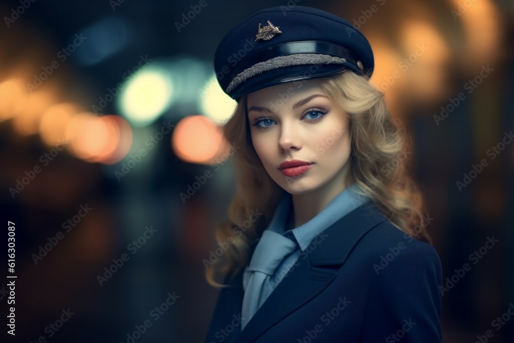 Airline employee. Background with selective focus. AI generated, human enhanced Airline employee. Background with selective focus. AI generated, human enhanced