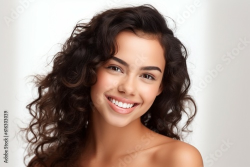 Beauty portrait of a pretty young Brazilian woman on light background with selective focus and copy space. AI generated
