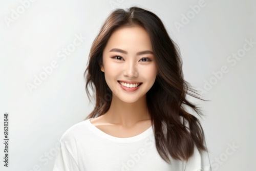 Beauty portrait of a pretty young Asian woman on a light background with selective focus and copy space. AI generated